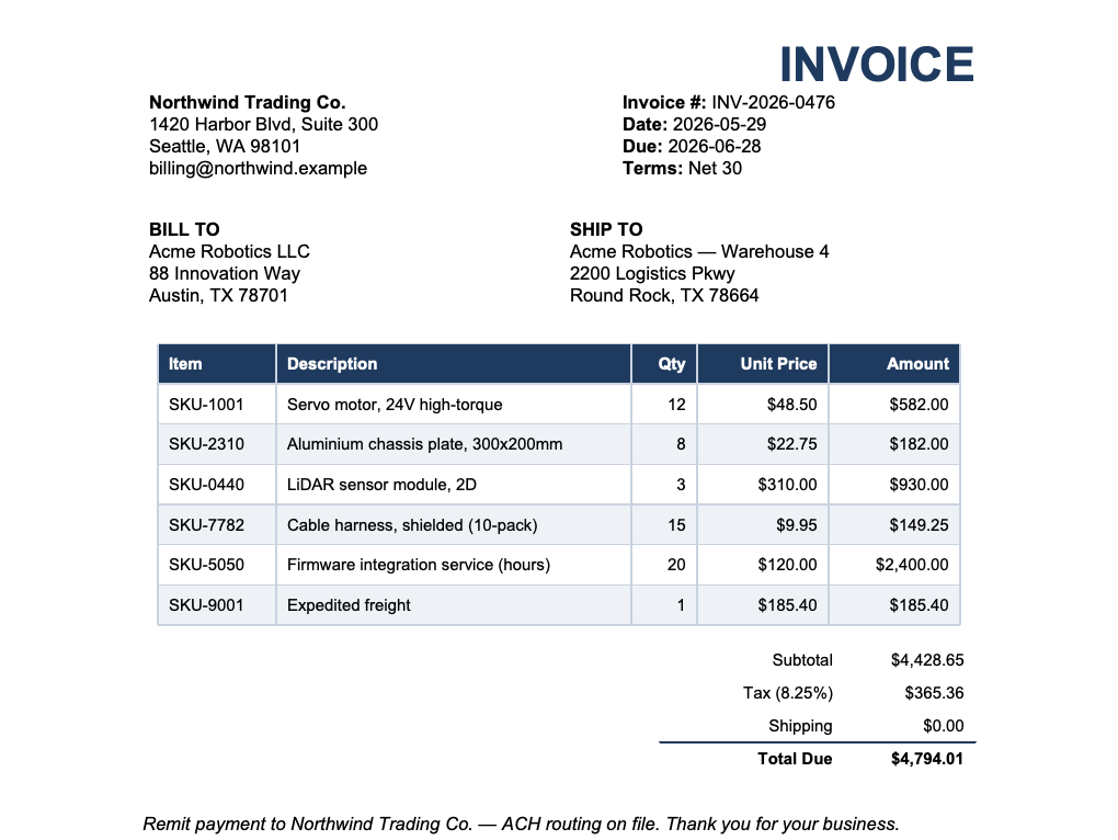 Invoice line items → JSON